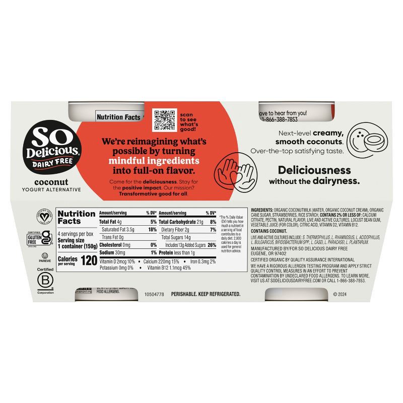 slide 10 of 11, So Delicious Dairy Free Strawberry Coconut Milk Yogurt - 4ct/5.3oz Cups, 4 ct; 5.3 oz
