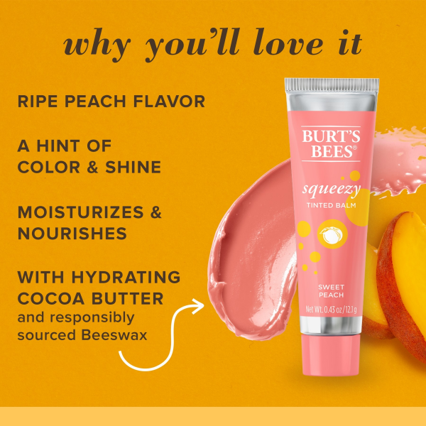 slide 8 of 22, Burt's Bees Natural Origin Squeezy Tinted Sweet Peach Lip Balm, 0.43 oz