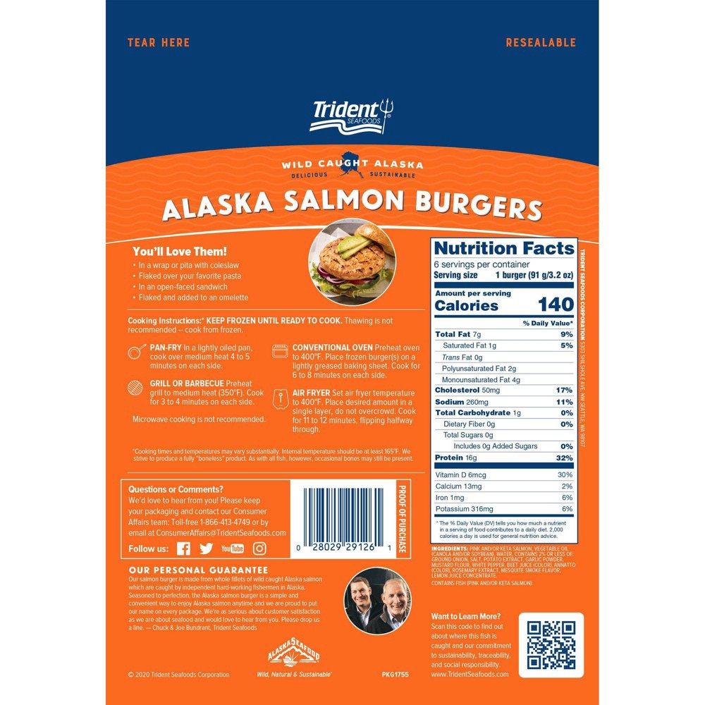 Trident Seafoods Trident Wild Caught Alaska Salmon Burgers - Frozen -  6pk/19.2oz 6 ct; 19.2 oz