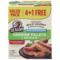 Season Skinless & Boneless Sardine Fillets in 100% Olive Oil Value Pack - 5 x 4.375 oz Cans