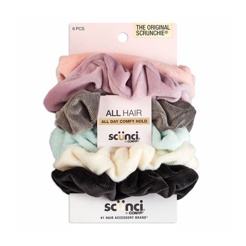slide 1 of 8, scunci scünci No Damage Plush Velour Scrunchies - Neutrals - All Hair - 6pcs, 6 ct