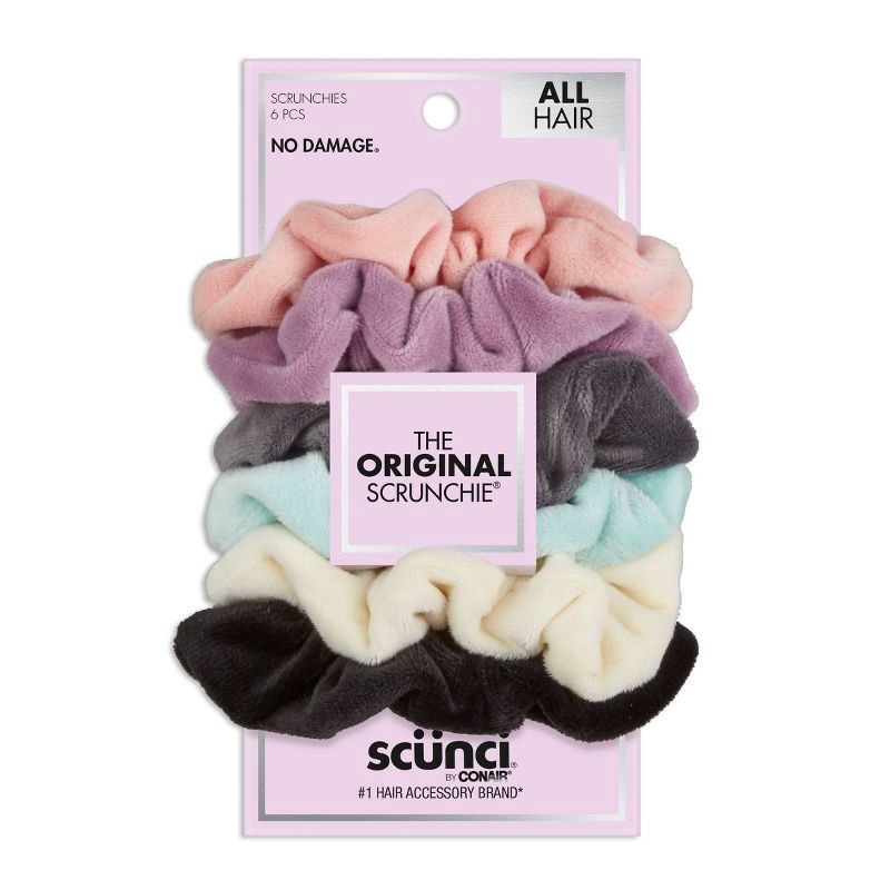 slide 1 of 6, scunci scünci No Damage Plush Velour Scrunchies - Neutral - All Hair - 6pcs, 6 ct