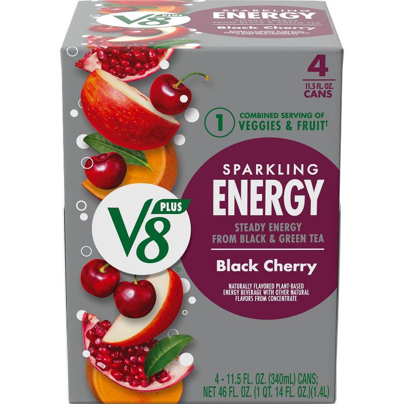 slide 1 of 8, Campbell's V8 Sparkling +Energy Black Cherry Juice Drink - 4pk/11.5 fl oz Cans, 4 ct; 11.5 fl oz