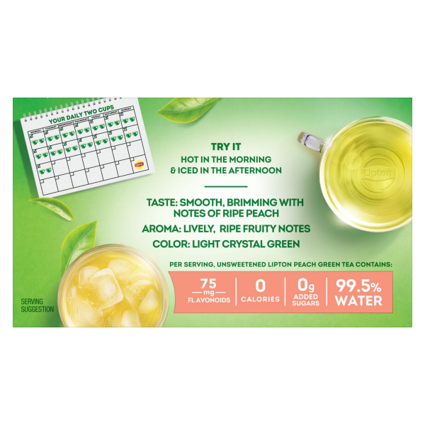 slide 12 of 21, Lipton Peach Green Tea Bags, Flavored, Unsweetened Teabags for Hot Tea or Peach Iced Tea with Caffeine and Flavonoids, 20ct Box, 20 ct