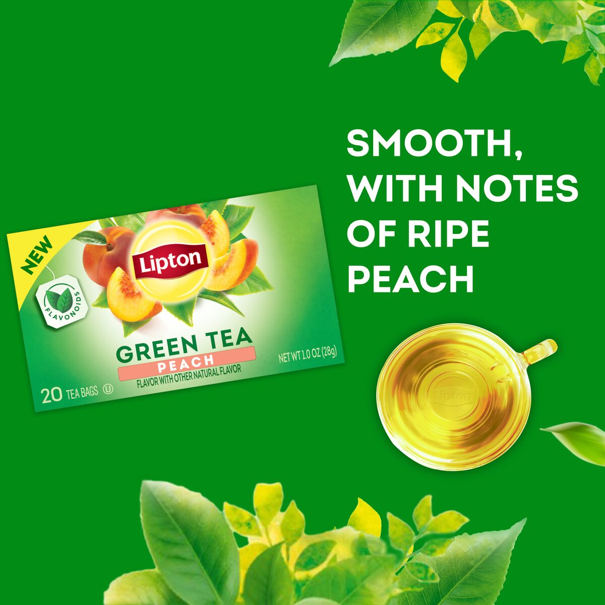 slide 4 of 6, Lipton Peach Green Tea Bags, Flavored, Unsweetened Teabags for Hot Tea or Peach Iced Tea with Caffeine and Flavonoids- 20 ct, 20 ct