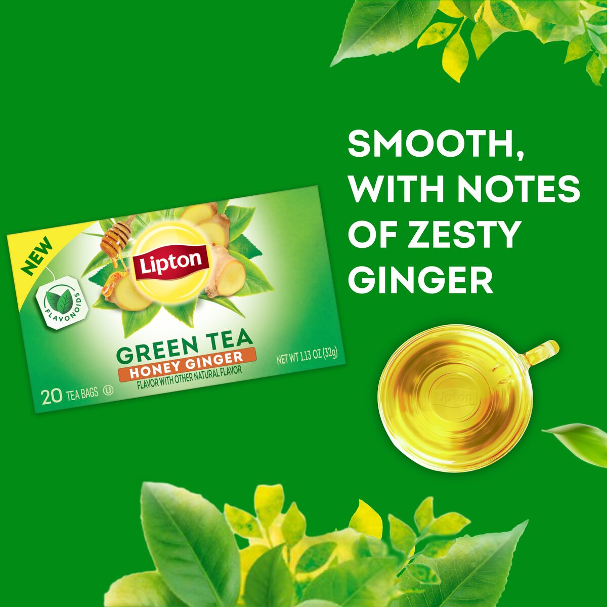 slide 2 of 4, Lipton Honey Ginger Green Tea Bags, Flavored, Unsweetened Teabags for Hot Tea or Iced Tea with Caffeine and Flavonoids, 20ct Box, 20 ct