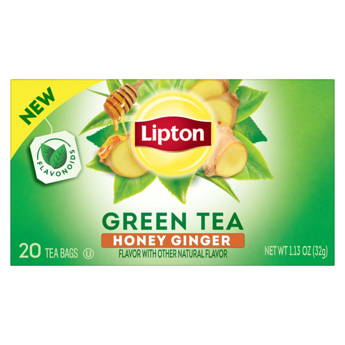 slide 1 of 4, Lipton Honey Ginger Green Tea Bags, Flavored, Unsweetened Teabags for Hot Tea or Iced Tea with Caffeine and Flavonoids, 20ct Box, 20 ct