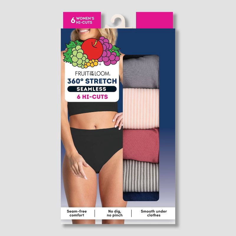 slide 6 of 6, Fruit of the Loom Women's 6pk 360 Stretch Seamless Hi-Cut Underwear - Colors may vary 7: Nylon, Tagless, High Rise, Knit, 6 ct