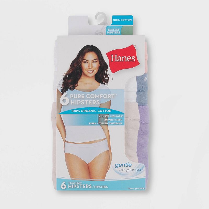 slide 2 of 5, Hanes Women's 6pk Pure Comfort Organic Cotton Hipster Underwear - Colors May Vary 9: Mid Rise, Lightweight Knit, Machine Washable, 6 ct