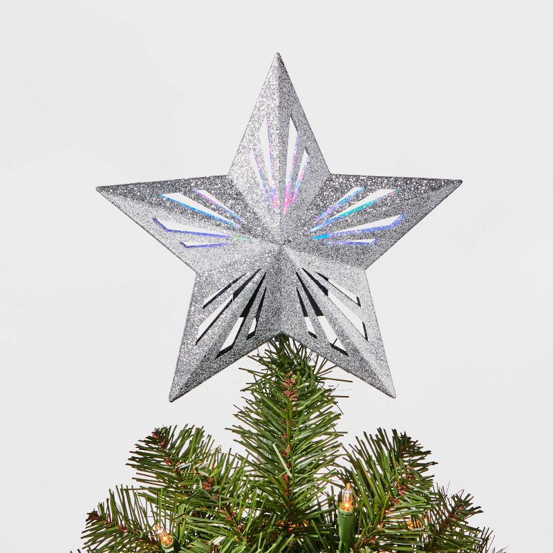 slide 1 of 3, 10" 3 LED Light Star Christmas Tree Topper Silver - Wondershop™: Rotating Projection, Indoor Use, 1 ct