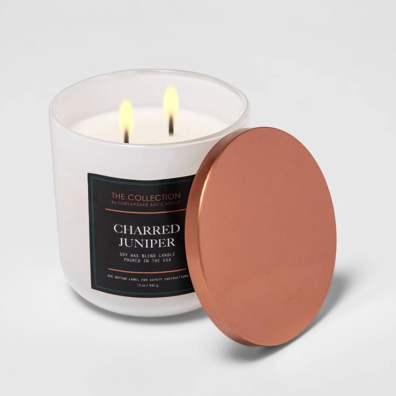 slide 3 of 4, 2-Wick White Glass Charred Juniper Lidded Jar Candle 12oz - The Collection by Chesapeake Bay Candle, 12 oz