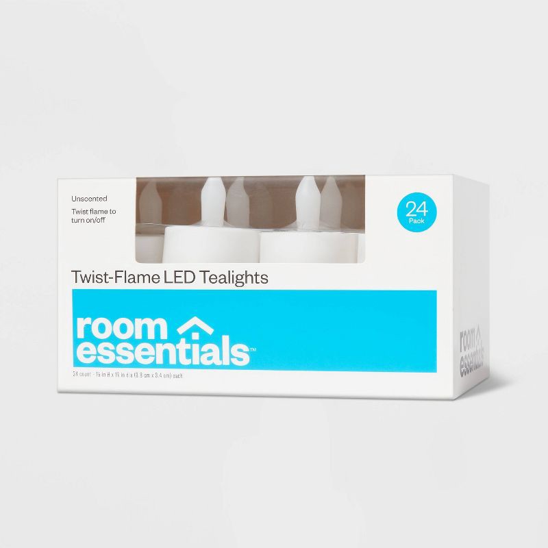 slide 1 of 3, 24ct Twist-Flame LED Tealight Candles (White) - Room Essentials™: Plastic, Battery-Operated, Decorative Tea Lights, 24 ct