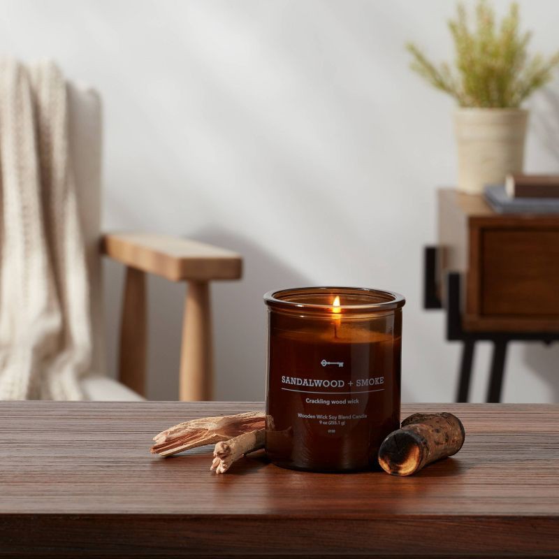 slide 3 of 3, Amber Glass Sandalwood + Smoke Lidded Wooden Wick Jar Candle 9oz - Threshold™, 9 oz