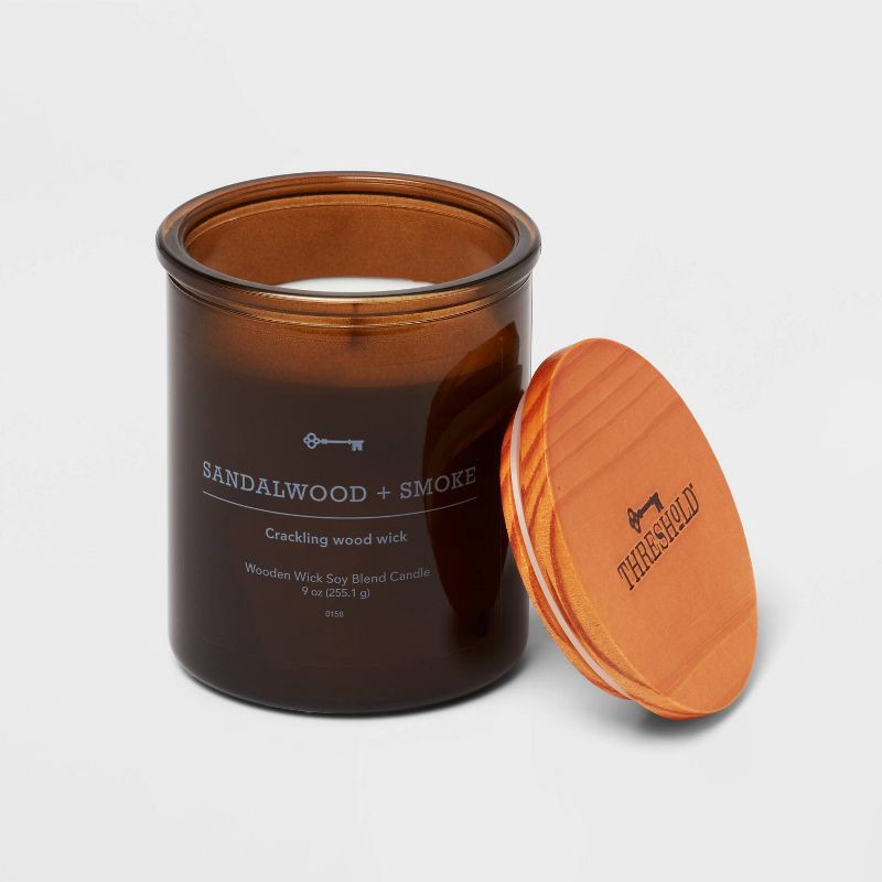 slide 2 of 3, Amber Glass Sandalwood + Smoke Lidded Wooden Wick Jar Candle 9oz - Threshold™, 9 oz