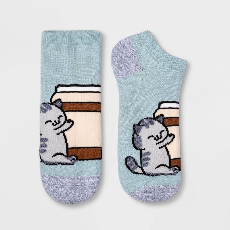 slide 1 of 2, Women's Coffee Cat Low Cut Socks - Blue 4-10: Knit Tagless Lightweight Apparel, 1 ct