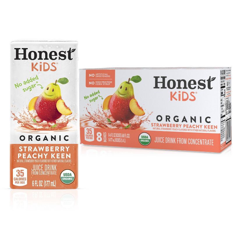 slide 1 of 8, Honest Kids Organic Strawberry Peach Keen Juice Drink - 8pk/6 fl oz Boxes, 8 ct; 6 fl oz