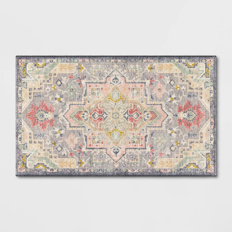 slide 1 of 4, 2'3"x3'9" Washable Zebrina Medallion Persian Style Printed Accent Rug Gray/Multi - Threshold™: Indoor Entryway Mat, 1 ct
