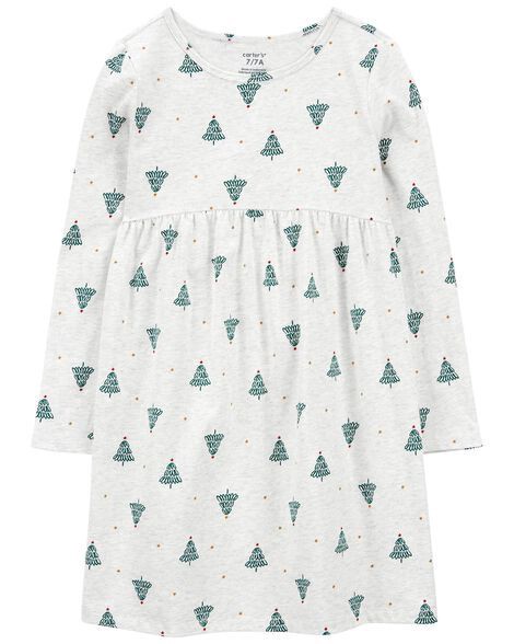 slide 1 of 3, Carters Kid Christmas Tree Jersey Dress Green 7, 1 ct