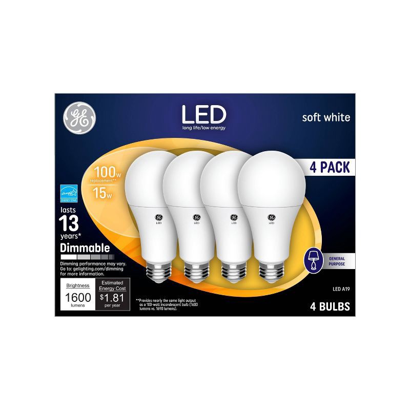 slide 2 of 5, GE Household Lighting GE 4pk 100W A19 LED Light Bulbs Soft White, 4 ct