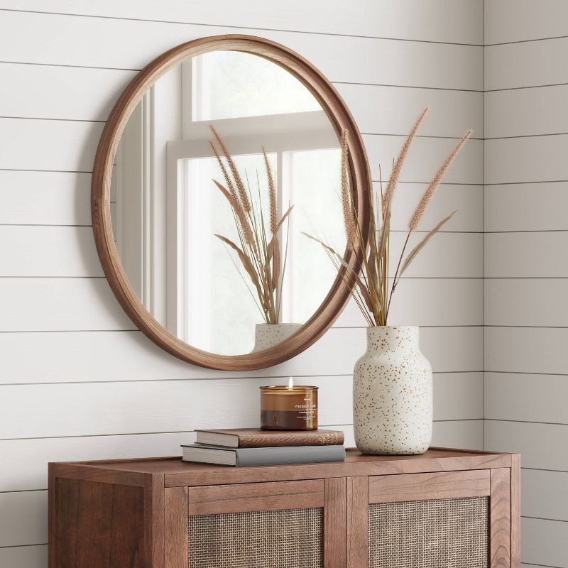 slide 3 of 3, 26" Classic Wood Round Mirror Natural - Threshold™: Pine Frame, Wall Mounted, Bathroom Compatible, 1 ct