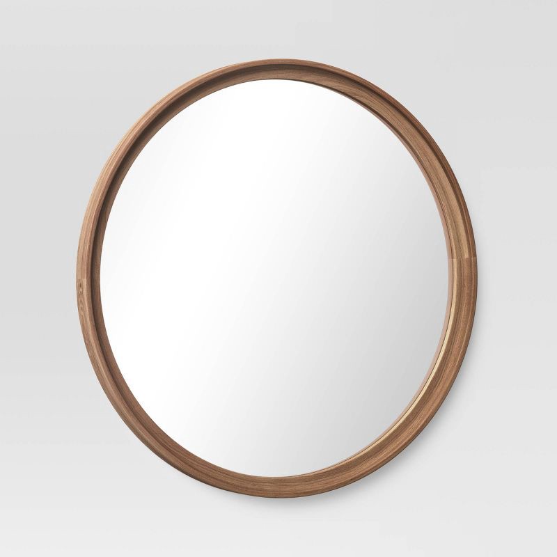 slide 2 of 3, 26" Classic Wood Round Mirror Natural - Threshold™: Pine Frame, Wall Mounted, Bathroom Compatible, 1 ct