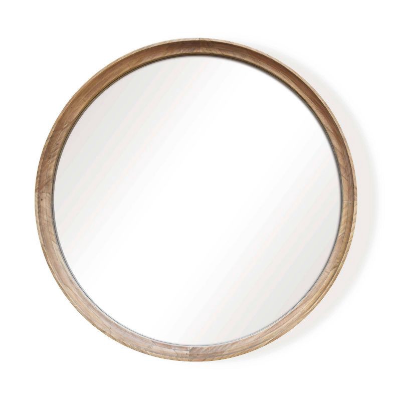 slide 1 of 3, 26" Classic Wood Round Mirror Natural - Threshold™: Pine Frame, Wall Mounted, Bathroom Compatible, 1 ct