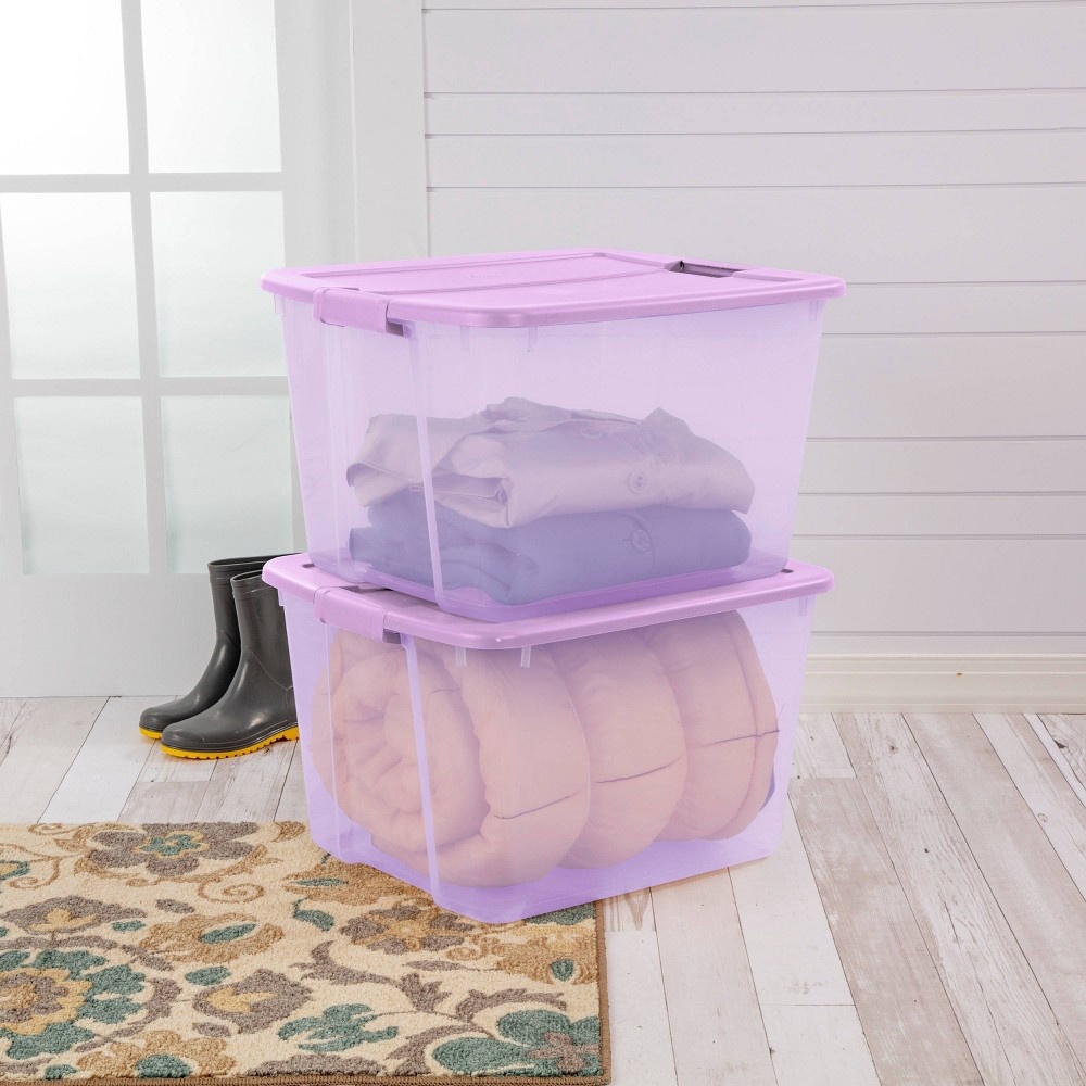 Sterilite 17571706 66-Quart Clearview Latch Box Storage Tote Container, Purple - 12 pack