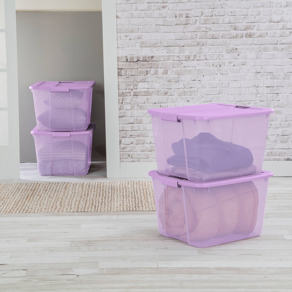 Sterilite ClearView Latch Box Clear with Purple Latches, 66 Qt, 23.62″x  16.38″ x 13.25″ – Pack of 12 – Find Organizers That Fit