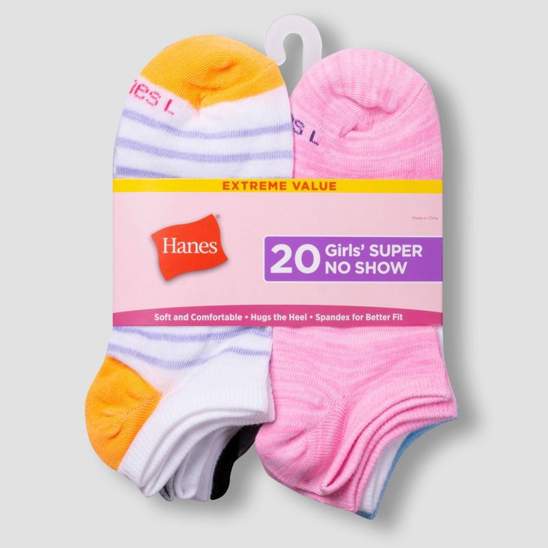 Hanes Girls' 20pk Super No Show Athletic Socks - Colors May Vary S