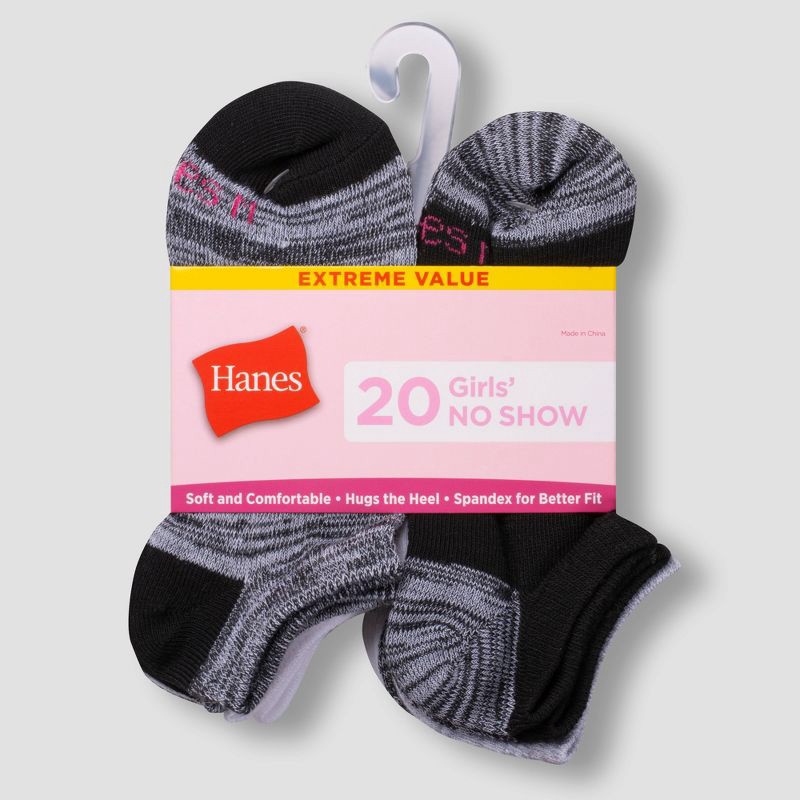 slide 2 of 4, Hanes Girls' 20pk No Show Socks - Colors May Vary L: Lightweight Knit, Tagless Design, 20 ct