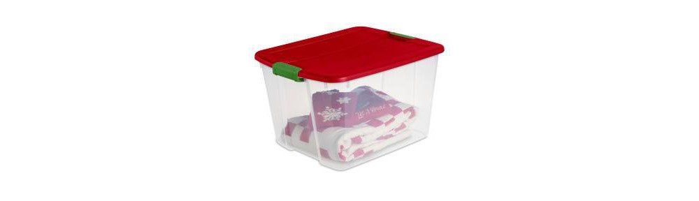 slide 3 of 3, Sterilite Latching Utility Storage Tub and Totes Red Lid and Green Latch, 66 qt