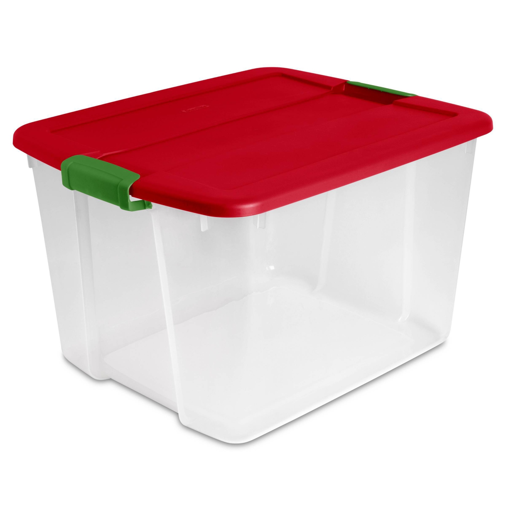 slide 1 of 3, Sterilite Latching Utility Storage Tub and Totes Red Lid and Green Latch, 66 qt