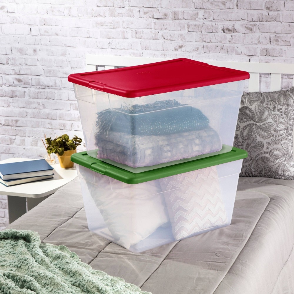 slide 3 of 4, Sterilite Non Latching Bin with Lid Red/Green, 56 qt