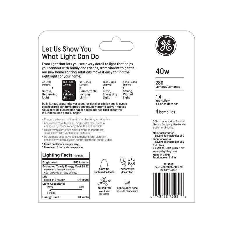 slide 2 of 4, GE Household Lighting GE 4pk 40W Incandescent Clear Decorative Light Bulbs, 4 ct