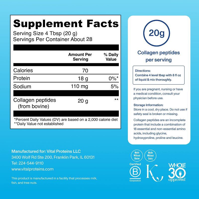 slide 5 of 8, Vital Proteins Collagen Peptides Unflavored Powder - 20oz, 20 oz