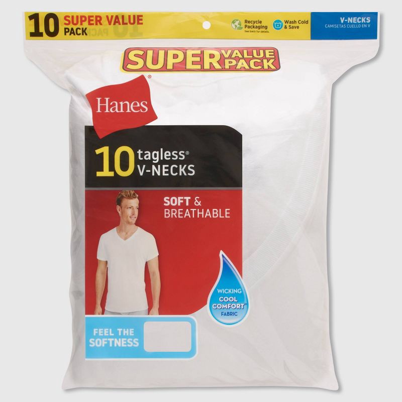 slide 6 of 9, Hanes Men's V-Neck Undershirt 10pk - White S: Tagless, Moisture Wicking, Breathable Cotton, 10 ct