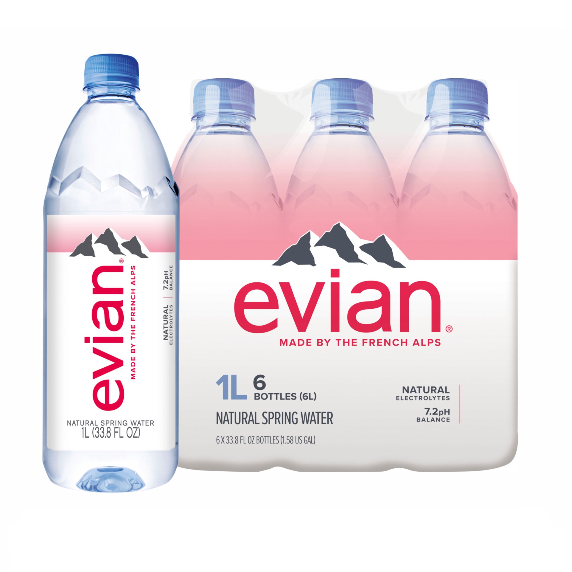 slide 1 of 9, Evian Natural Spring Water, 1 L bottles, 6 pack, 6 ct; 1 liter; 33.8 oz