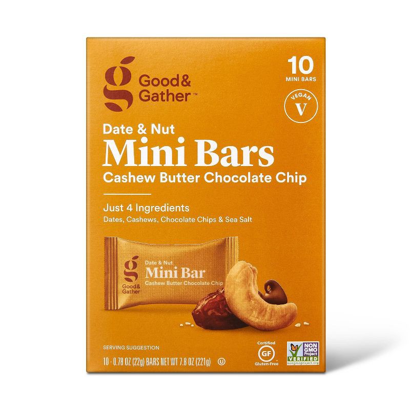 slide 1 of 4, Date and nut Bars Mini Cashew Butter Chocolate Chip - 7.8oz/10ct - Good & Gather™, 10 ct; 7.8 oz