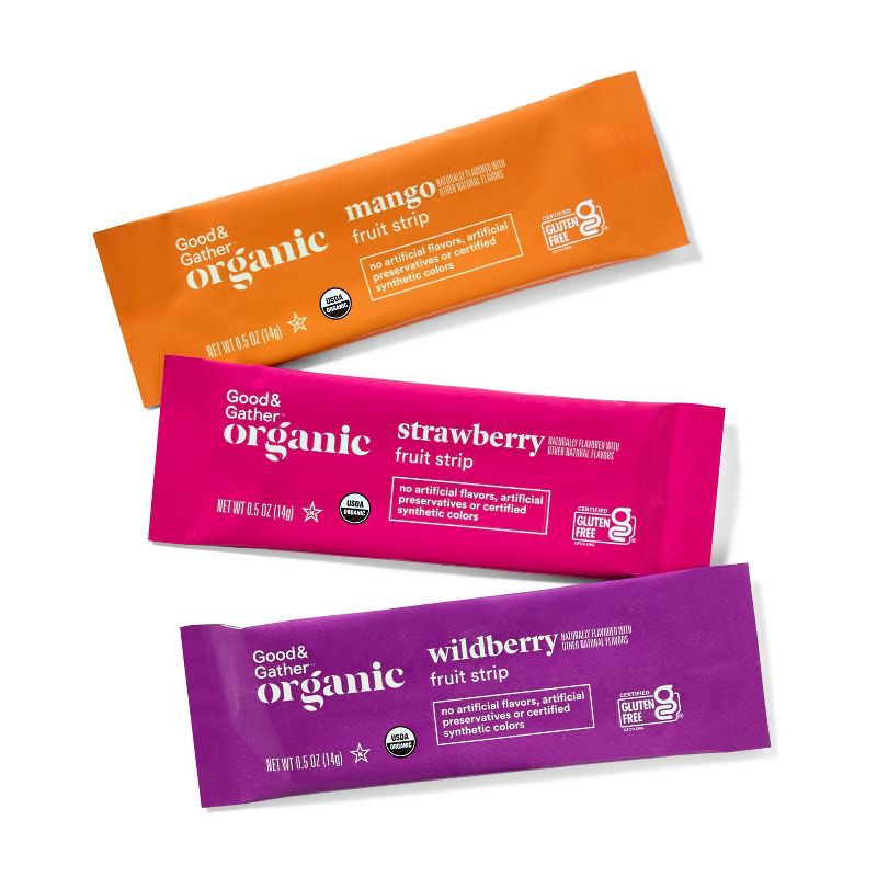 slide 4 of 5, Organic Fruit Strip Variety Pack - Strawberry, Mango, Wildberry - 18oz/36ct - Good & Gather™, 36 ct; 18 oz