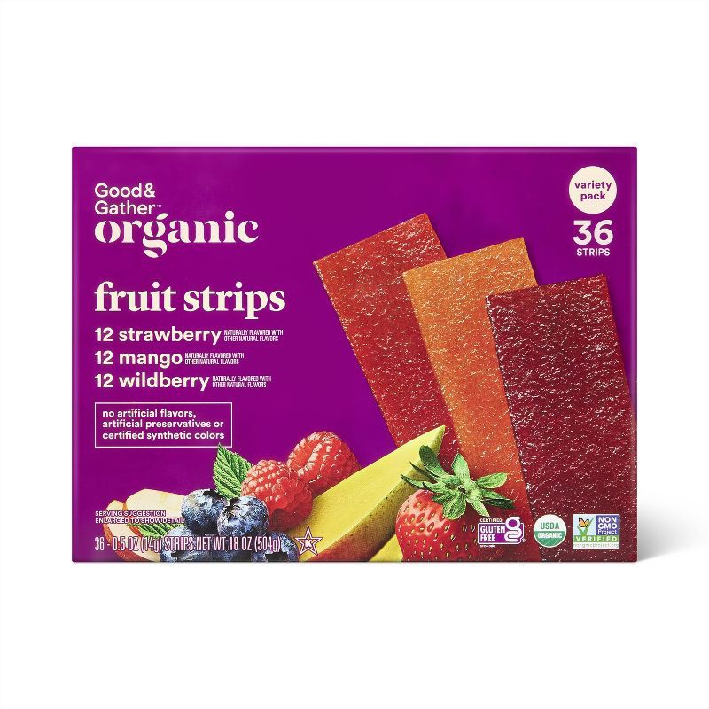 slide 1 of 5, Organic Fruit Strip Variety Pack - Strawberry, Mango, Wildberry - 18oz/36ct - Good & Gather™, 36 ct; 18 oz