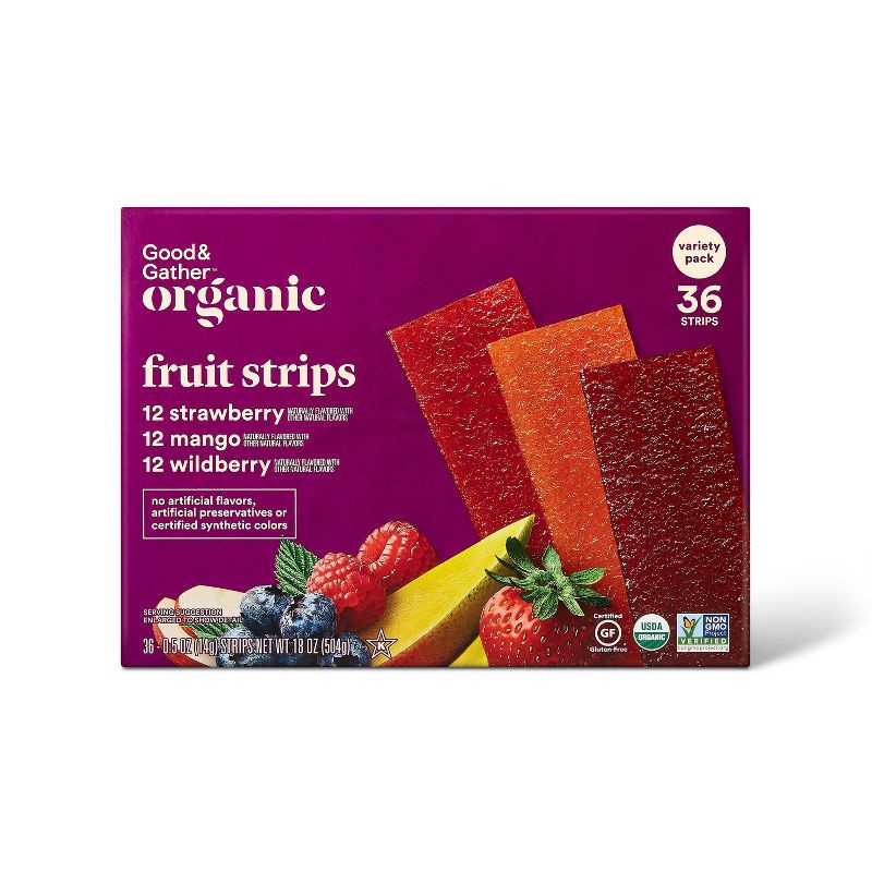 slide 1 of 4, Organic Fruit Strip Variety Pack - Strawberry, Mango, Wildberry - 18oz/36ct - Good & Gather™, 36 ct; 18 oz