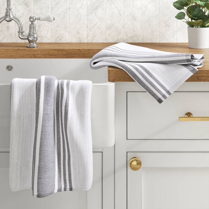 slide 2 of 3, 2pk Cotton Striped Terry Kitchen Towels Gray - Threshold™, 2 ct