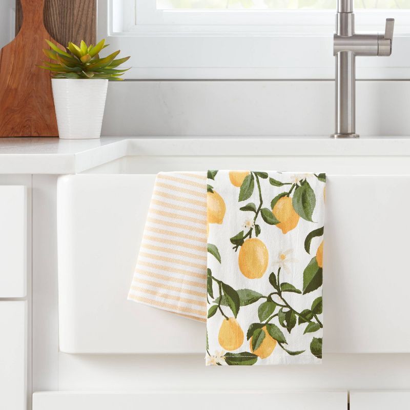 2pk Cotton Printed Kitchen Towels Yellow - Threshold 2 ct