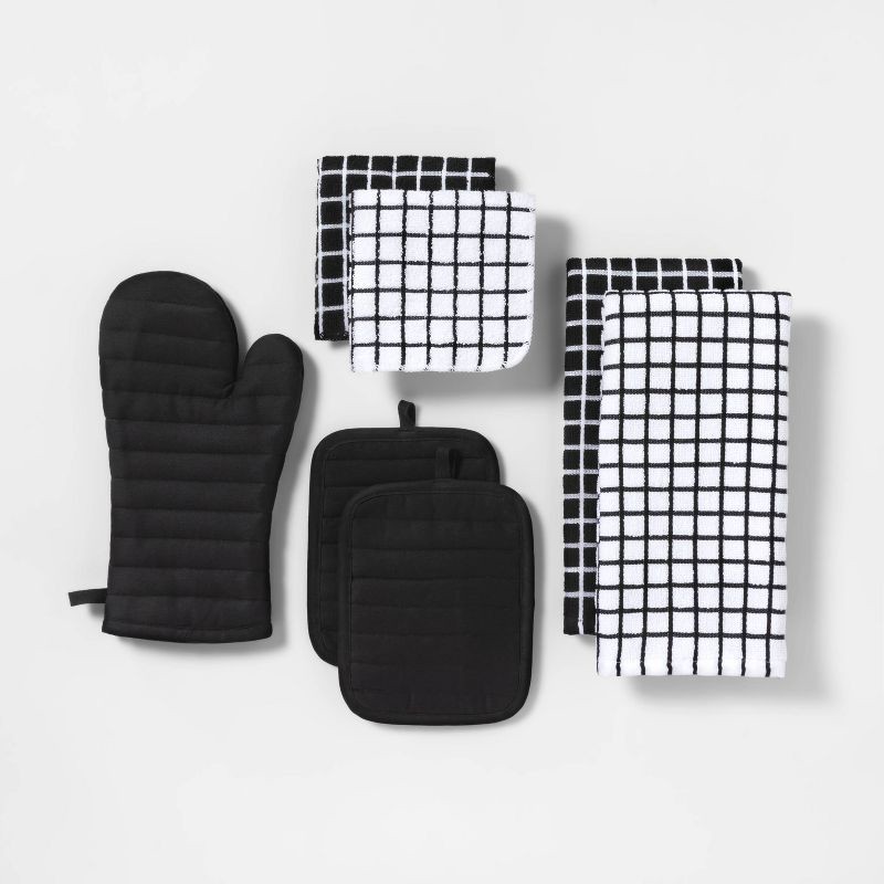 slide 1 of 4, 7pc Cotton Kitchen Textile Set Black - Room Essentials™: Includes Oven Mitt, Kitchen Towels, Pot Holders, Dish Cloths, 7 ct