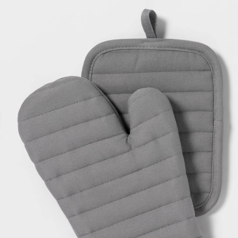 slide 3 of 4, 7pc Cotton Kitchen Textile Set Gray - Room Essentials™: Includes Towels, Pot Holders, Oven Mitts, Dish Cloths, 7 ct