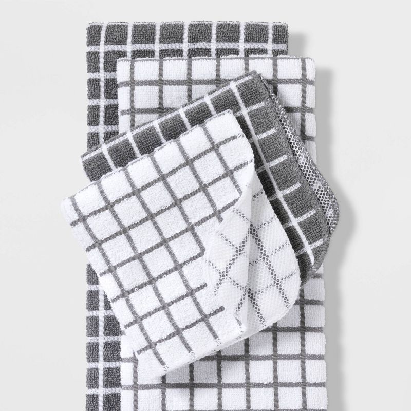 slide 4 of 4, 7pc Cotton Kitchen Textile Set Gray - Room Essentials™: Includes Towels, Pot Holders, Oven Mitts, Dish Cloths, 7 ct
