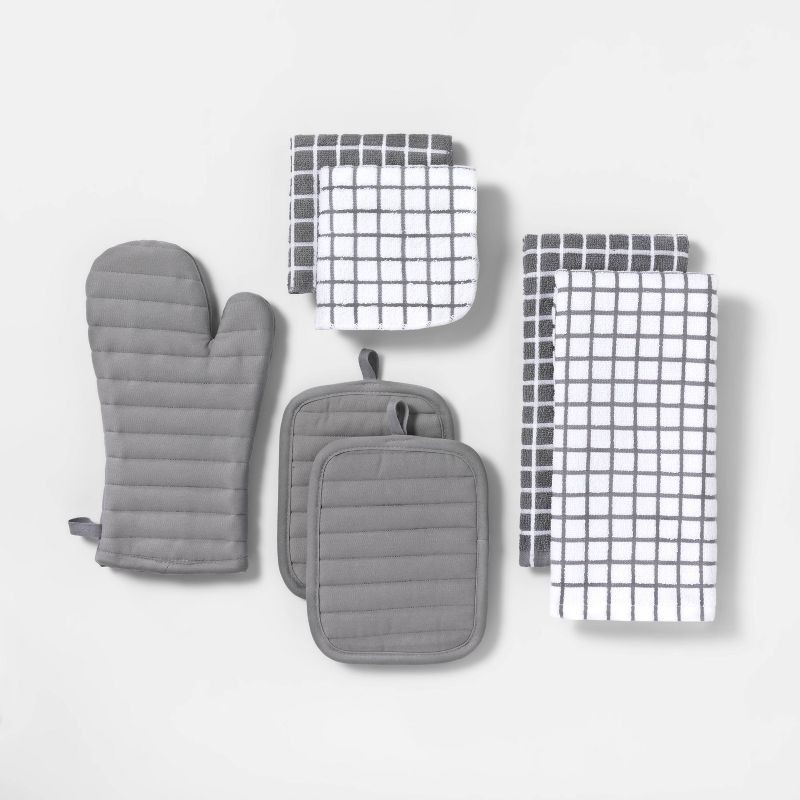 slide 1 of 4, 7pc Cotton Kitchen Textile Set Gray - Room Essentials™: Includes Towels, Pot Holders, Oven Mitts, Dish Cloths, 7 ct