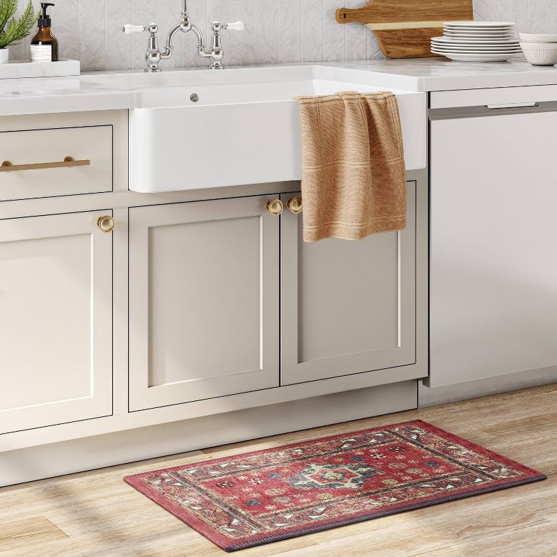 slide 2 of 4, 34" x 20" Vintage Persian Medallion Kitchen Rug Red - Threshold™: Traditional Accent, Machine Washable, Indoor Use, 1 ct