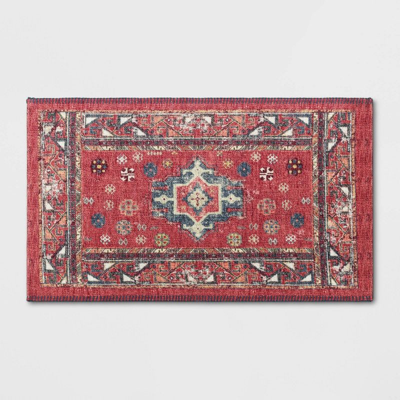 slide 1 of 4, 34" x 20" Vintage Persian Medallion Kitchen Rug Red - Threshold™: Traditional Accent, Machine Washable, Indoor Use, 1 ct