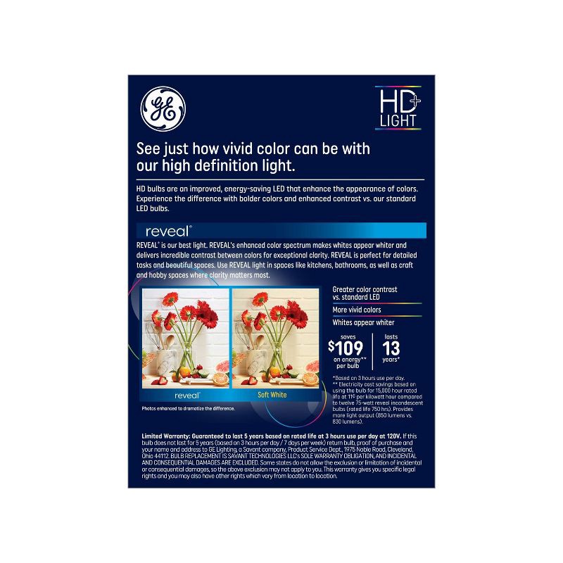 slide 2 of 8, GE Household Lighting GE 4pk 75W Reveal A19 LED Light Bulbs Daylight: Dimmable, 850 Lumens, 2850K, E26 Base, 13.7-Year Life, Suitable for Wet Locations, 4 ct